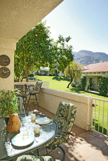 Patio with mountain and greenbelt view 
