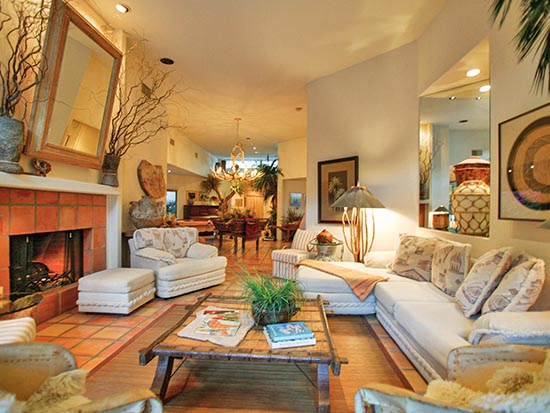 living room overlooks pool area